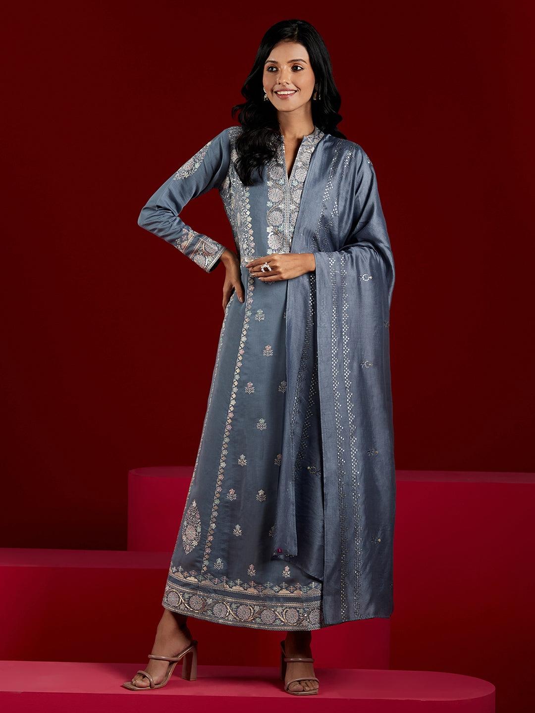 Libas Art Grey Embroidered Silk Blend A-Line Kurta With Trousers & Dupatta - ShopLibas