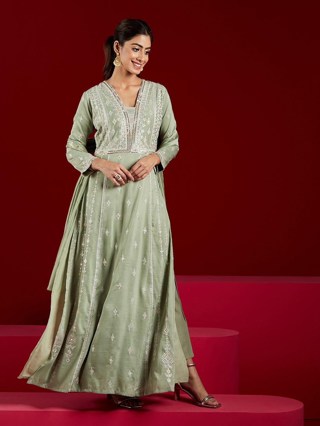 Libas Art Dusty Green Embroidered Silk Blend A-Line Kurta With Trousers & Dupatta - ShopLibas