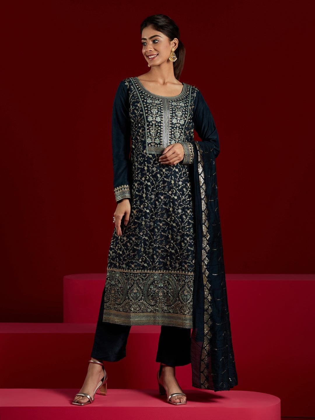 Libas Art Navy Blue Embroidered Silk Blend Straight Kurta With Trousers & Dupatta - ShopLibas