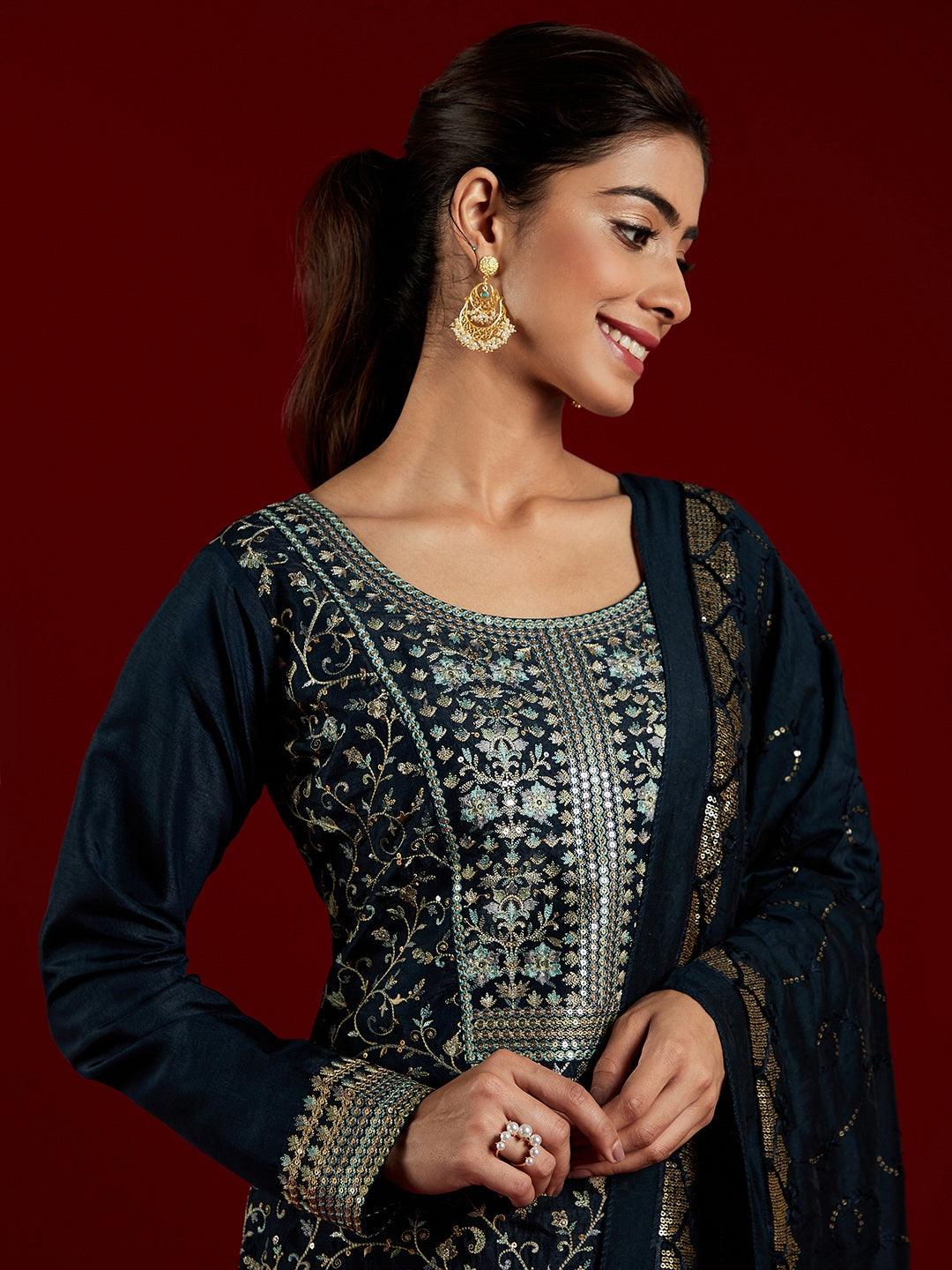 Libas Art Navy Blue Embroidered Silk Blend Straight Kurta With Trousers & Dupatta - ShopLibas