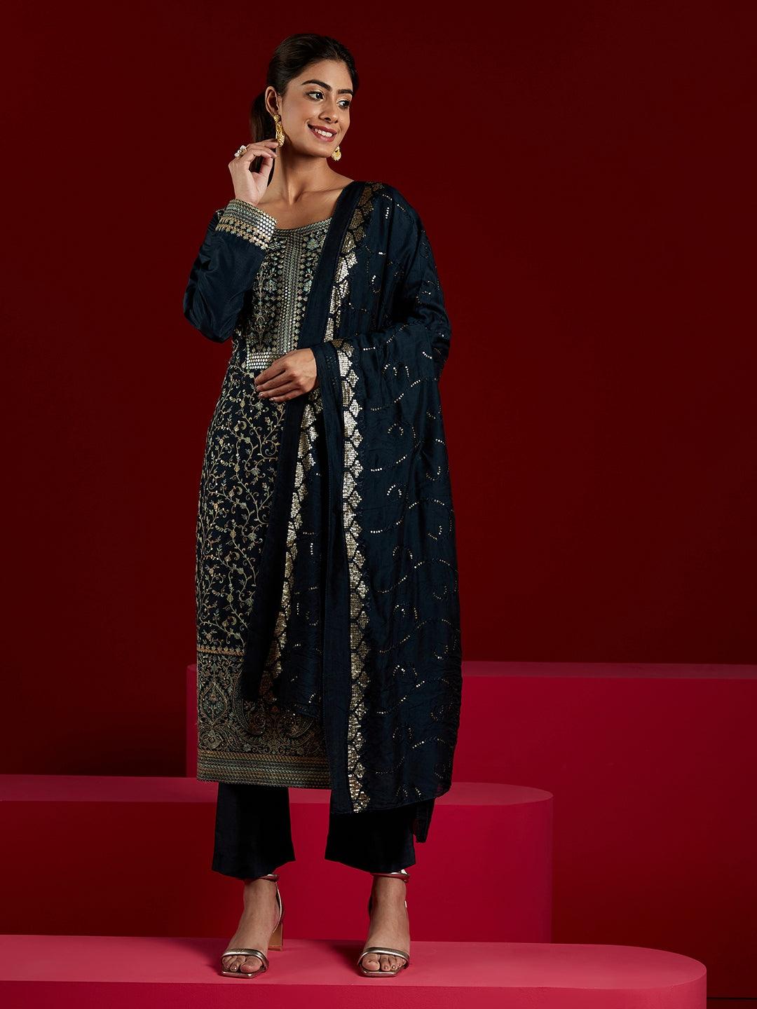 Libas Art Navy Blue Embroidered Silk Blend Straight Kurta With Trousers & Dupatta - ShopLibas