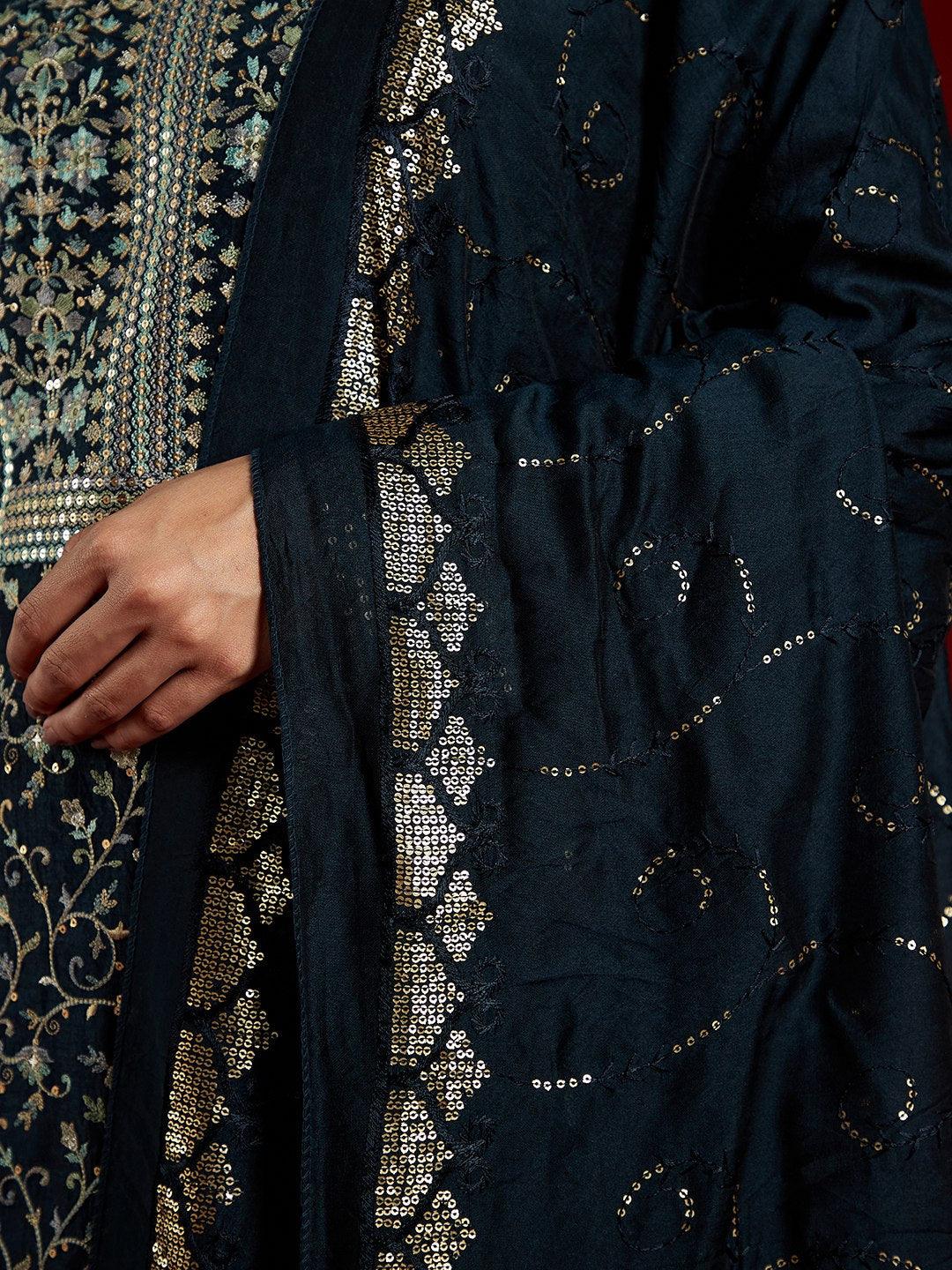 Libas Art Navy Blue Embroidered Silk Blend Straight Kurta With Trousers & Dupatta - ShopLibas