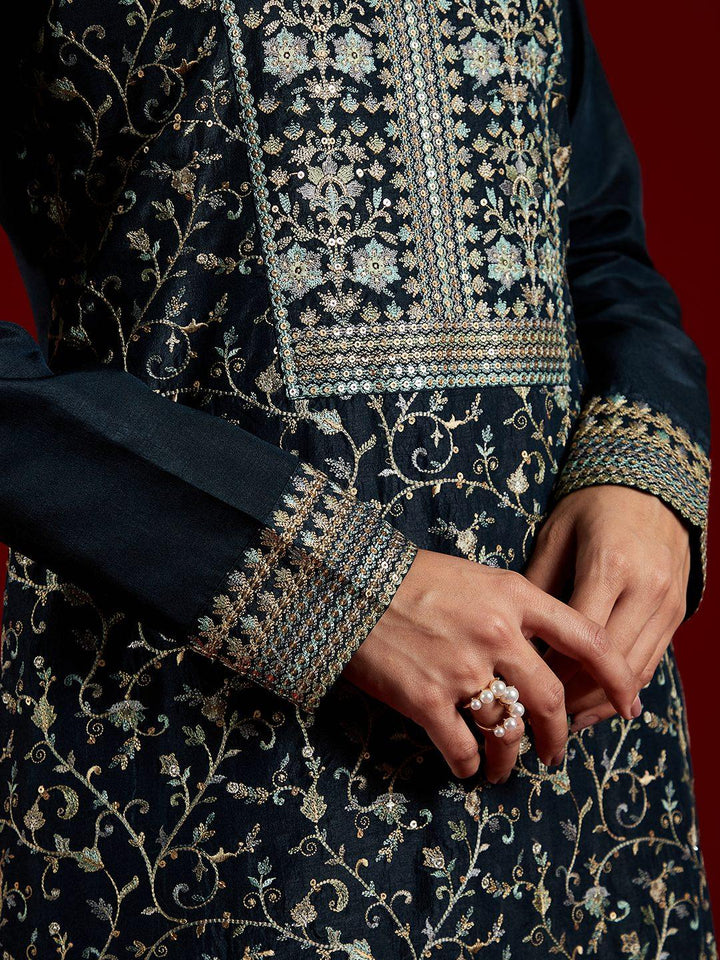 Libas Art Blue Embroidered Silk Blend Straight Suit With Dupatta