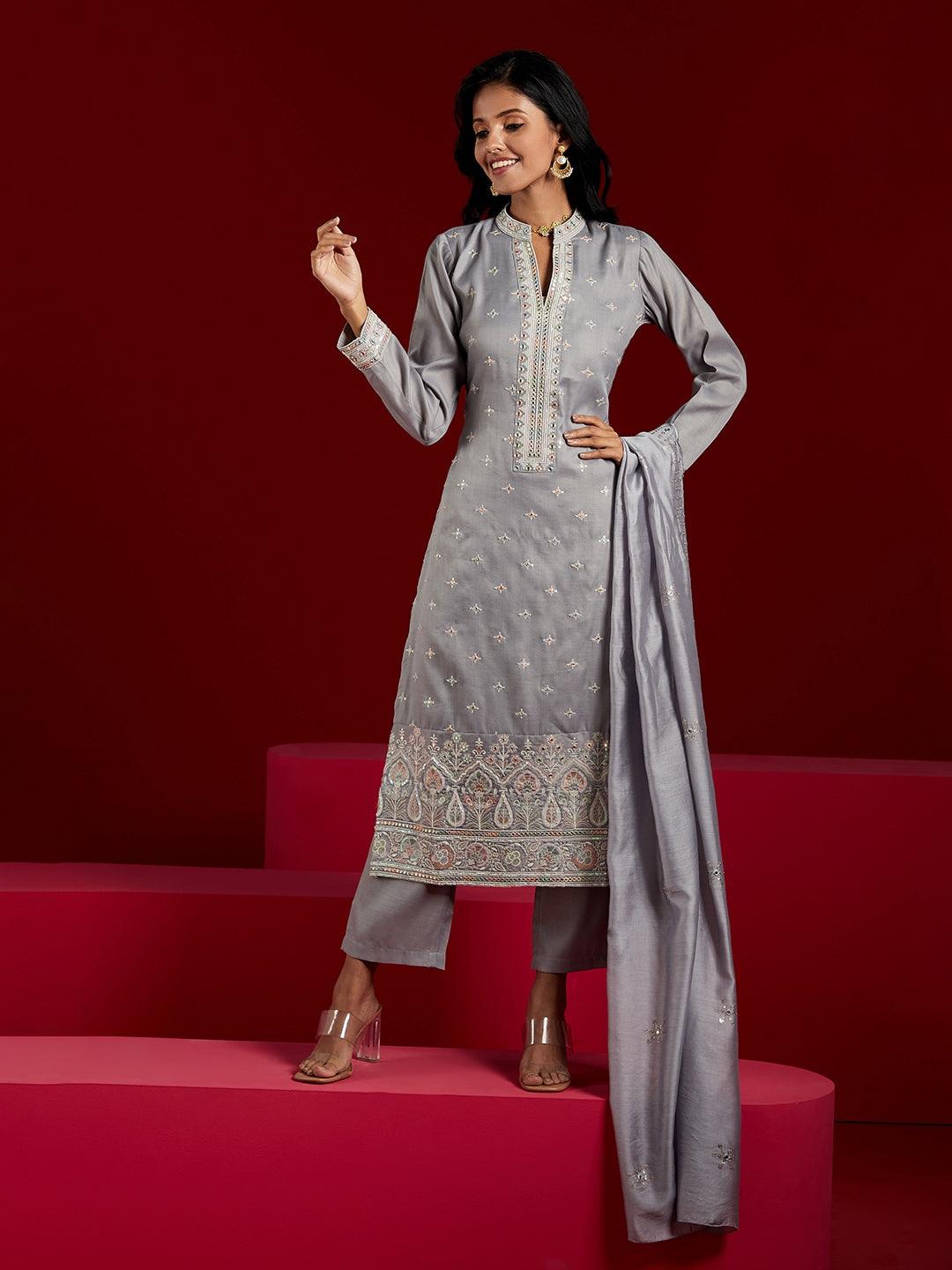 Libas Art Grey Embroidered Silk Blend Straight Kurta With Trousers & Dupatta - ShopLibas