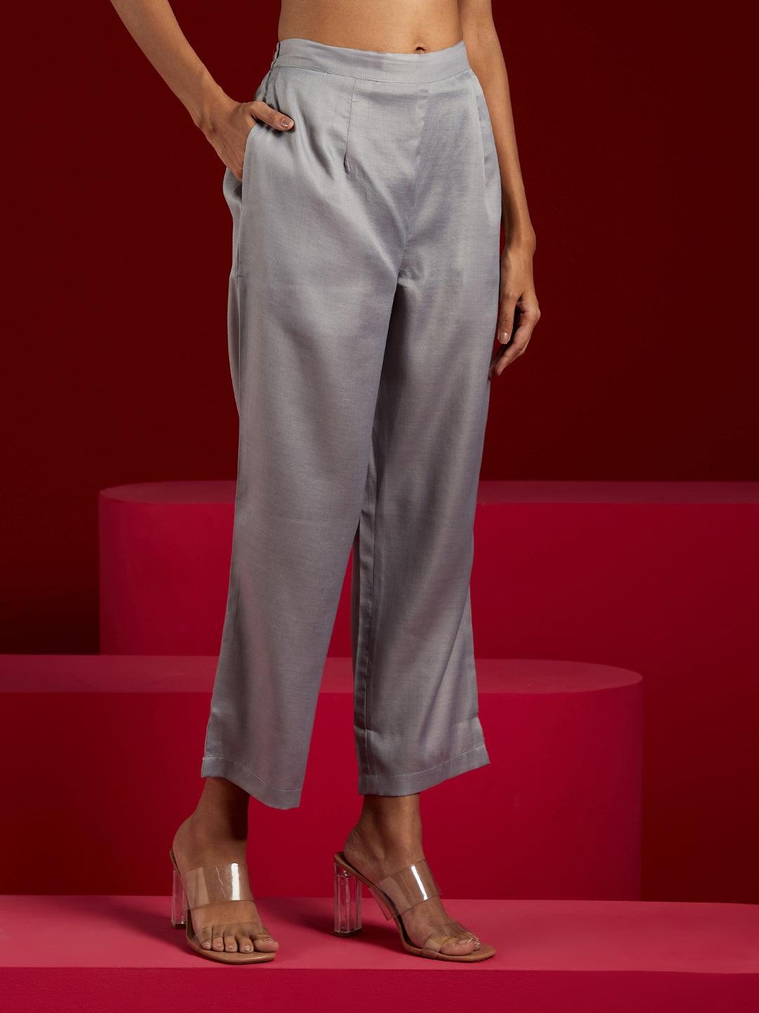 Libas Art Grey Embroidered Silk Blend Straight Kurta With Trousers & Dupatta - ShopLibas