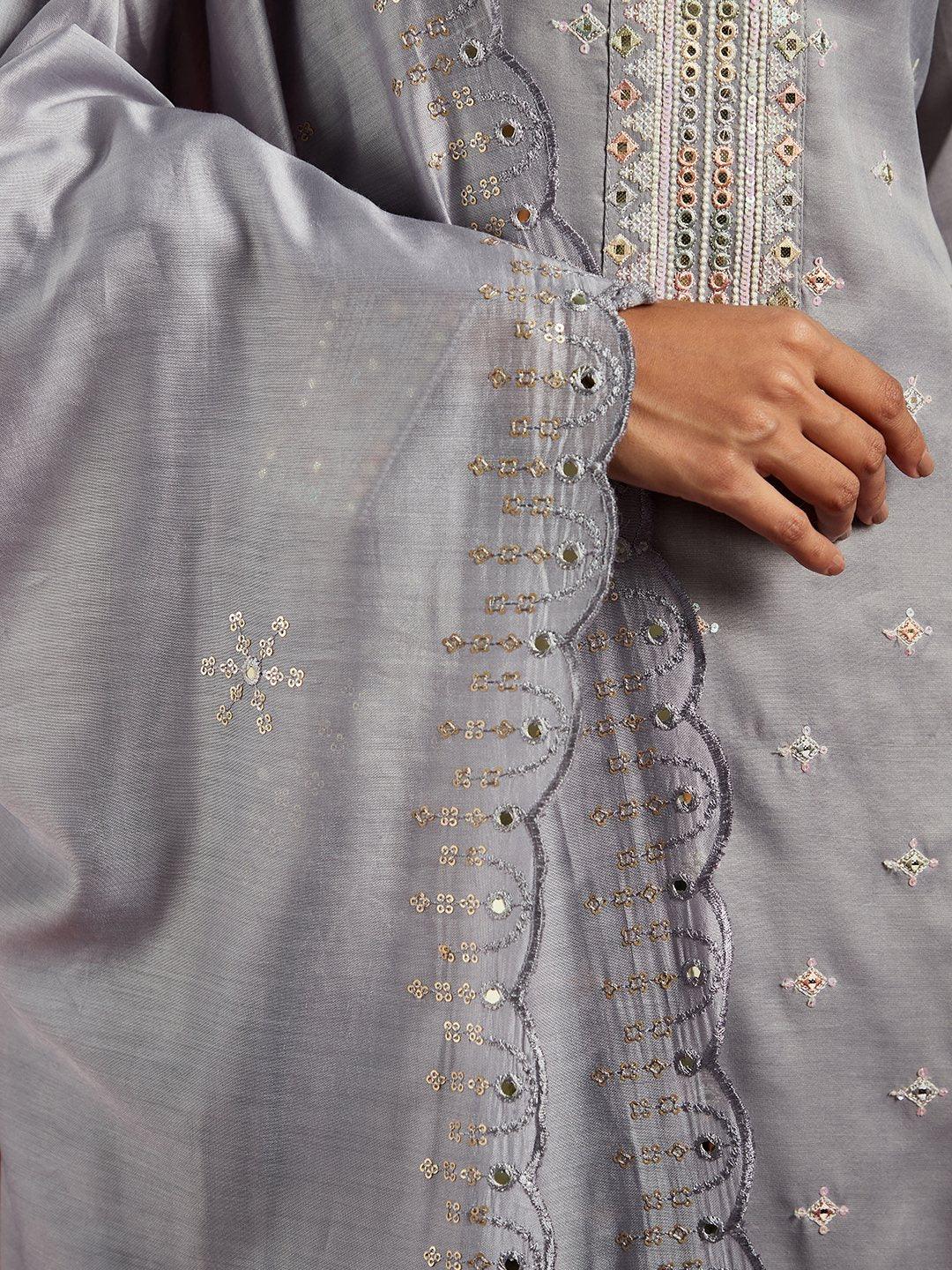 Libas Art Grey Embroidered Silk Blend Straight Kurta With Trousers & Dupatta - ShopLibas