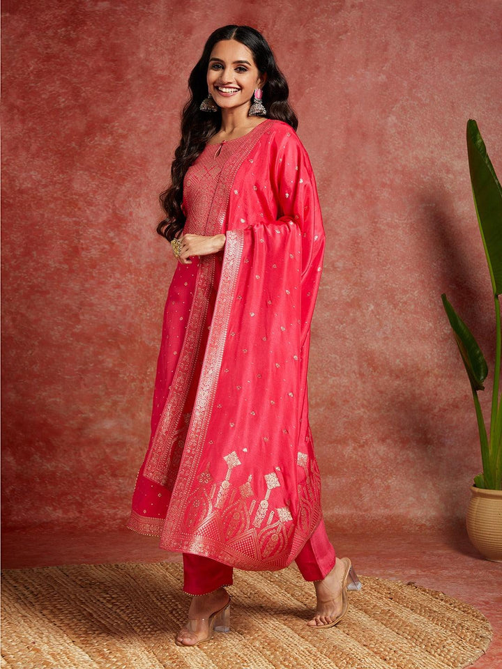 Pink Woven Design Silk Straight Suit With Dupatta