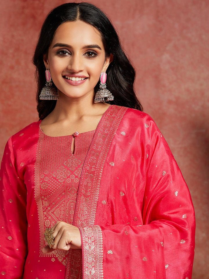 Pink Woven Design Silk Straight Suit With Dupatta