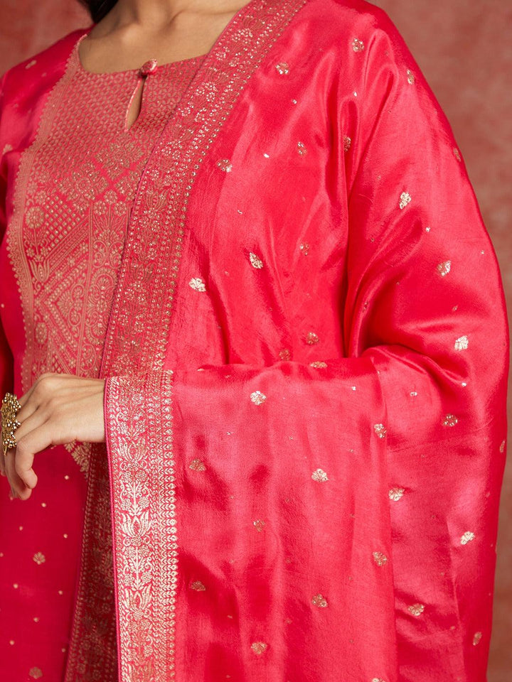 Pink Woven Design Silk Straight Suit With Dupatta