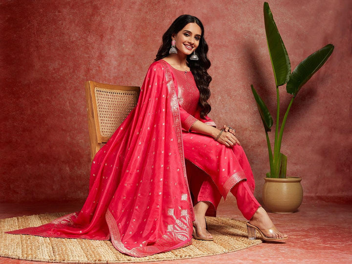 Pink Woven Design Silk Straight Suit With Dupatta