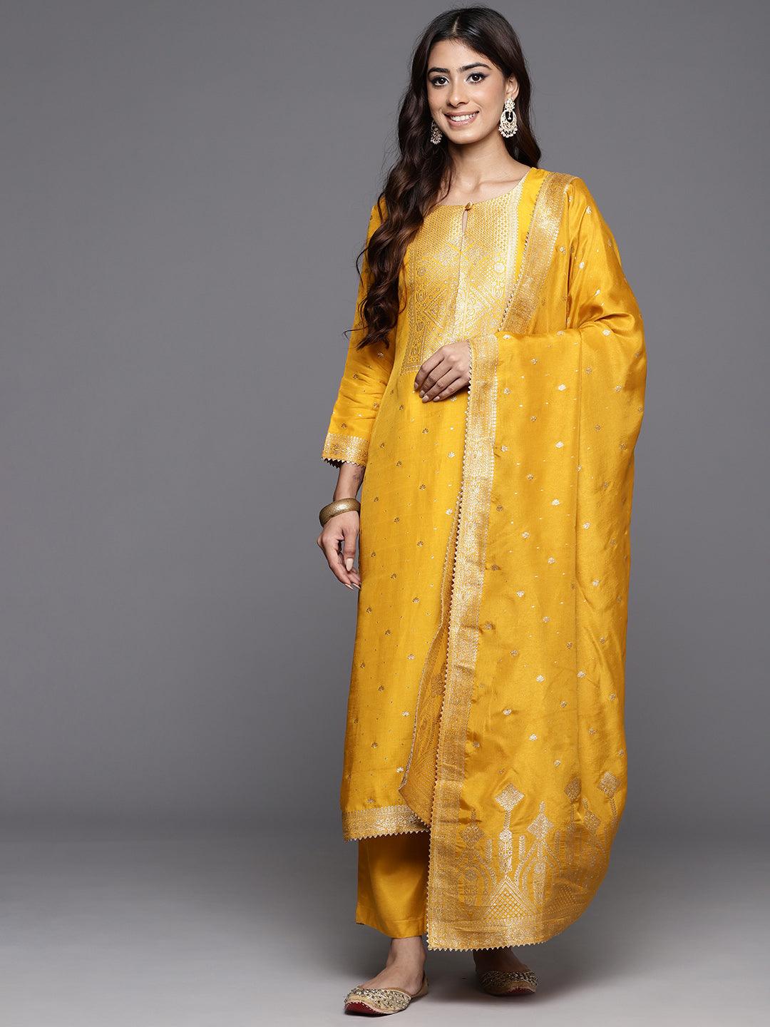 Yellow Woven Design Silk Straight Kurta With Trousers & Dupatta - ShopLibas