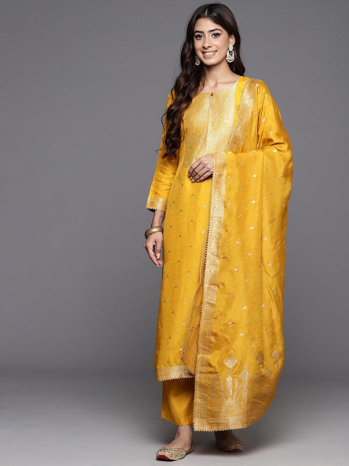 Yellow Woven Design Silk Straight Suit With Dupatta