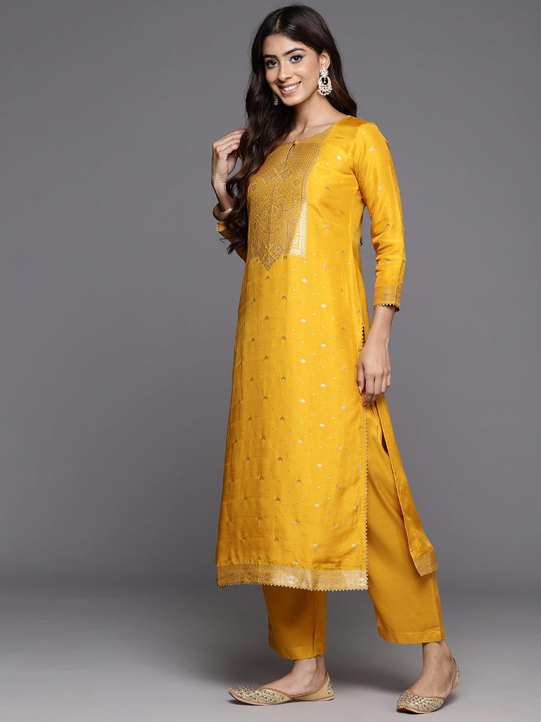 Yellow Woven Design Silk Straight Kurta With Trousers & Dupatta - ShopLibas