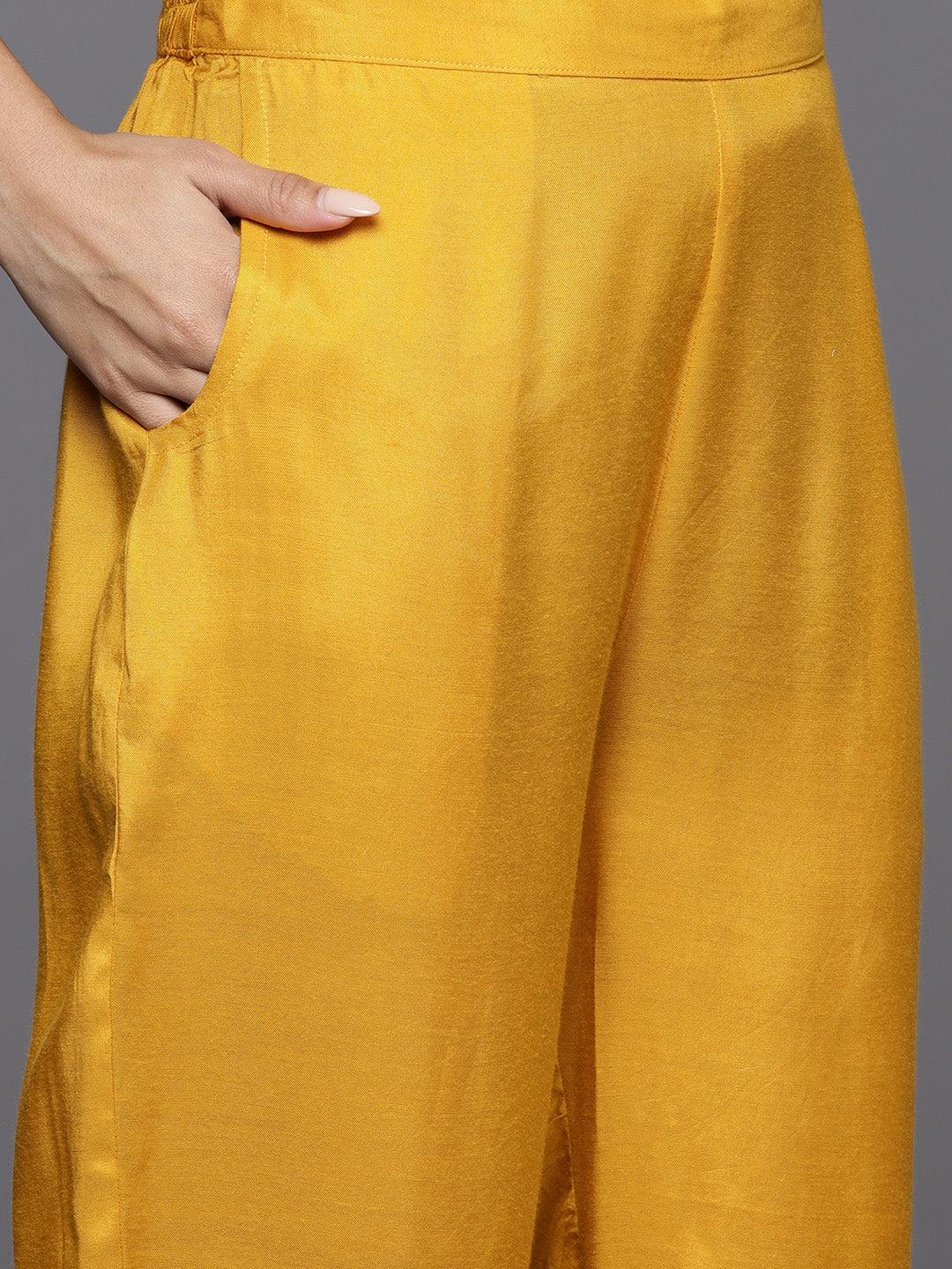 Yellow Woven Design Silk Straight Kurta With Trousers & Dupatta - ShopLibas