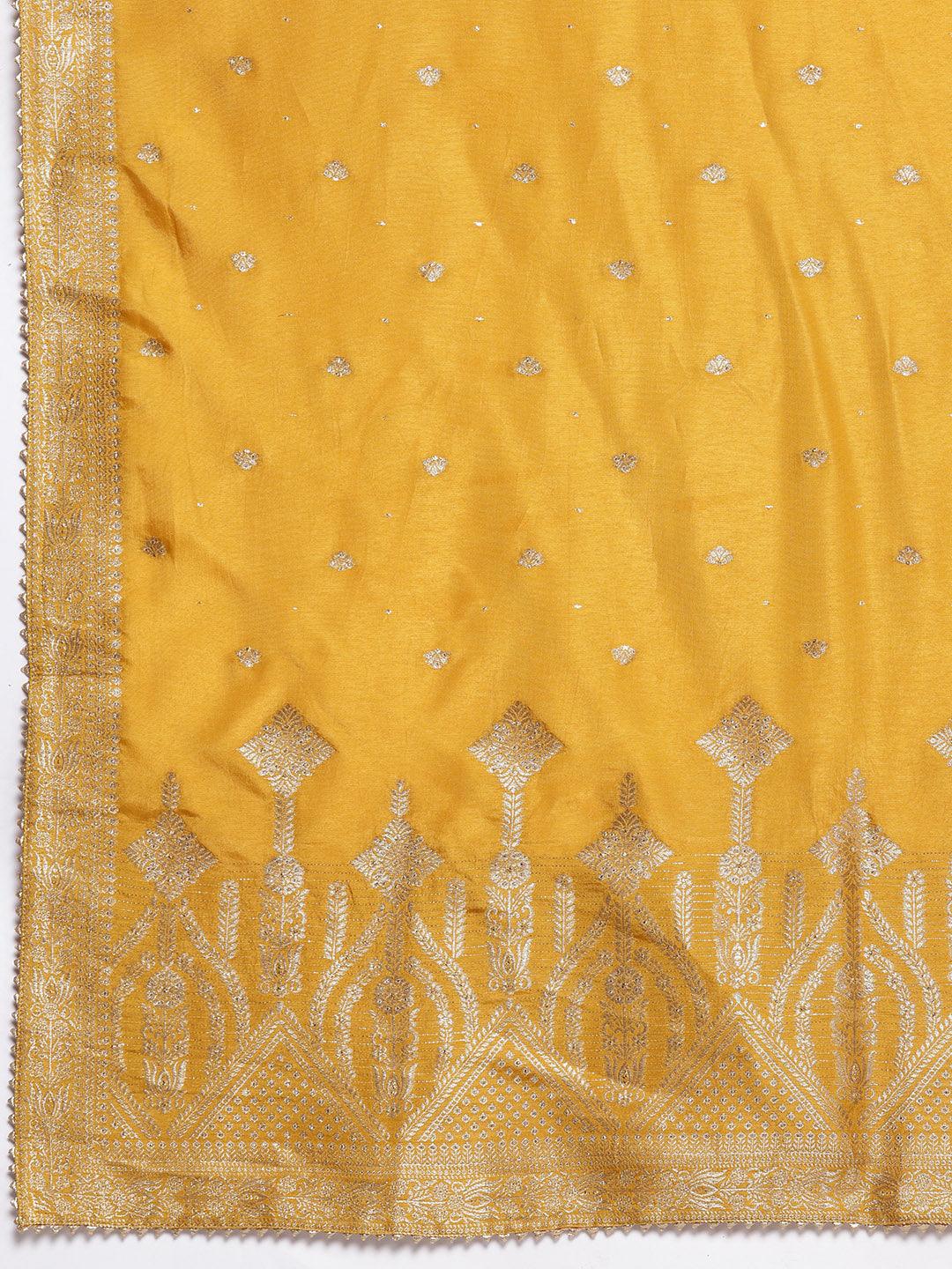 Yellow Woven Design Silk Straight Kurta With Trousers & Dupatta - ShopLibas