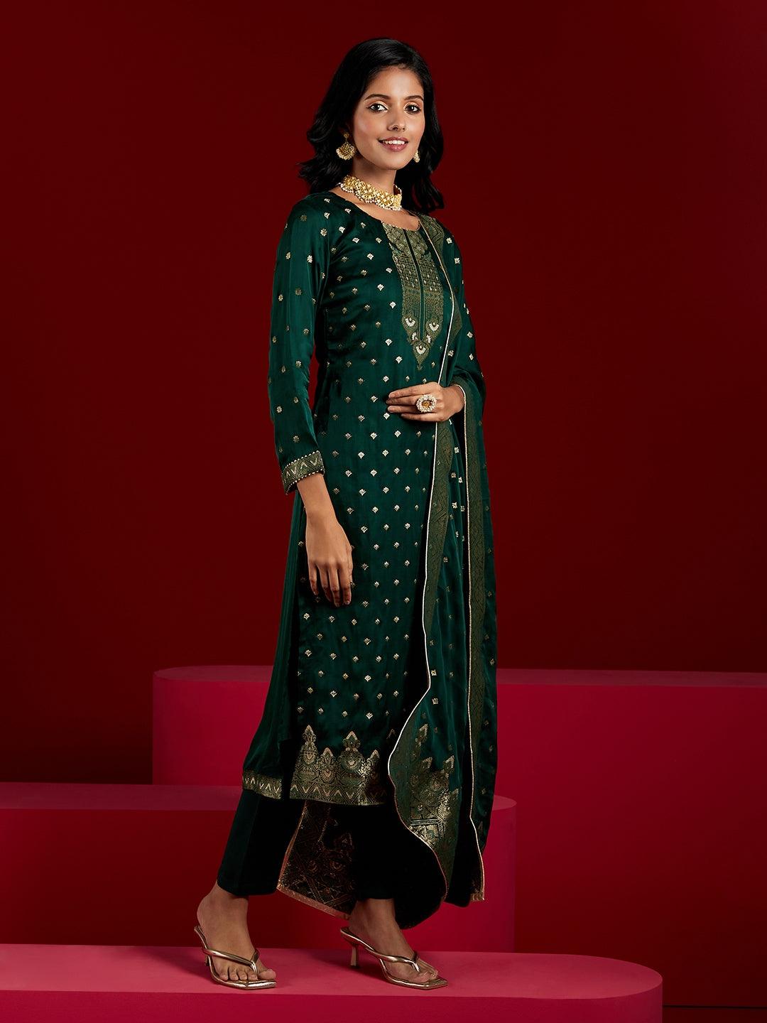Libas Art Green Woven Design Silk Straight Kurta With Trousers & Dupatta - ShopLibas