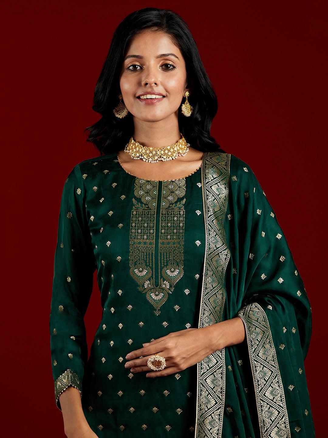 Libas Art Green Woven Design Silk Straight Kurta With Trousers & Dupatta - ShopLibas