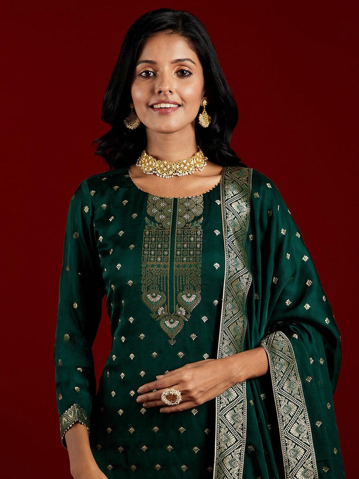 Libas Art Green Woven Design Silk Straight Suit With Dupatta