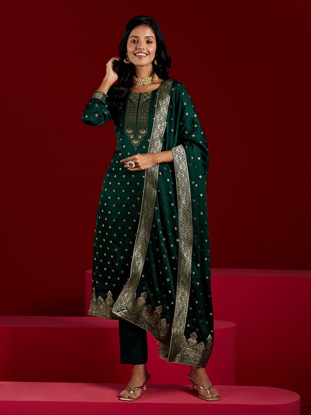 Libas Art Green Woven Design Silk Straight Kurta With Trousers & Dupatta - ShopLibas