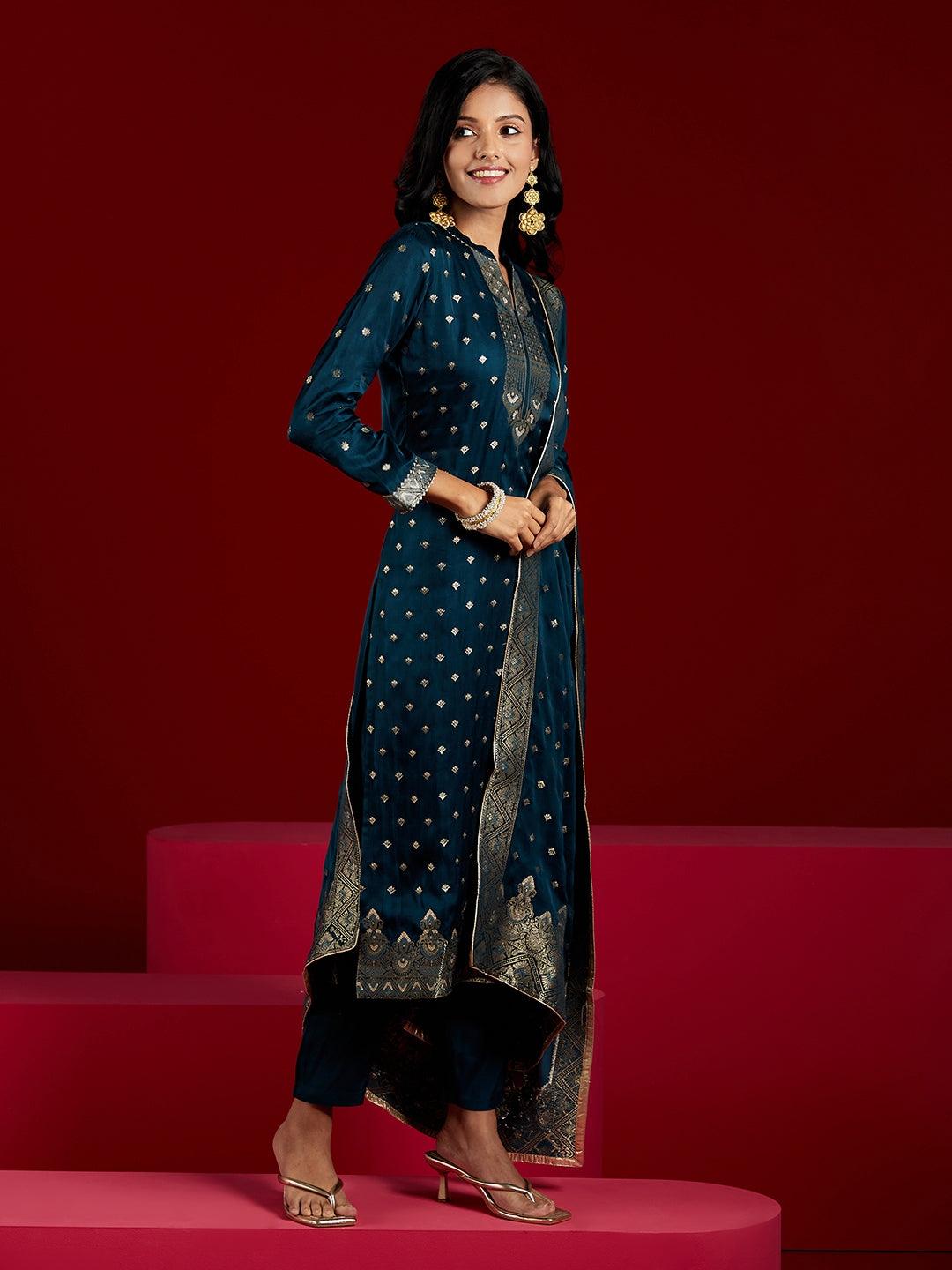 Libas Art Teal Woven Design Silk Straight Kurta With Trousers & Dupatta - ShopLibas