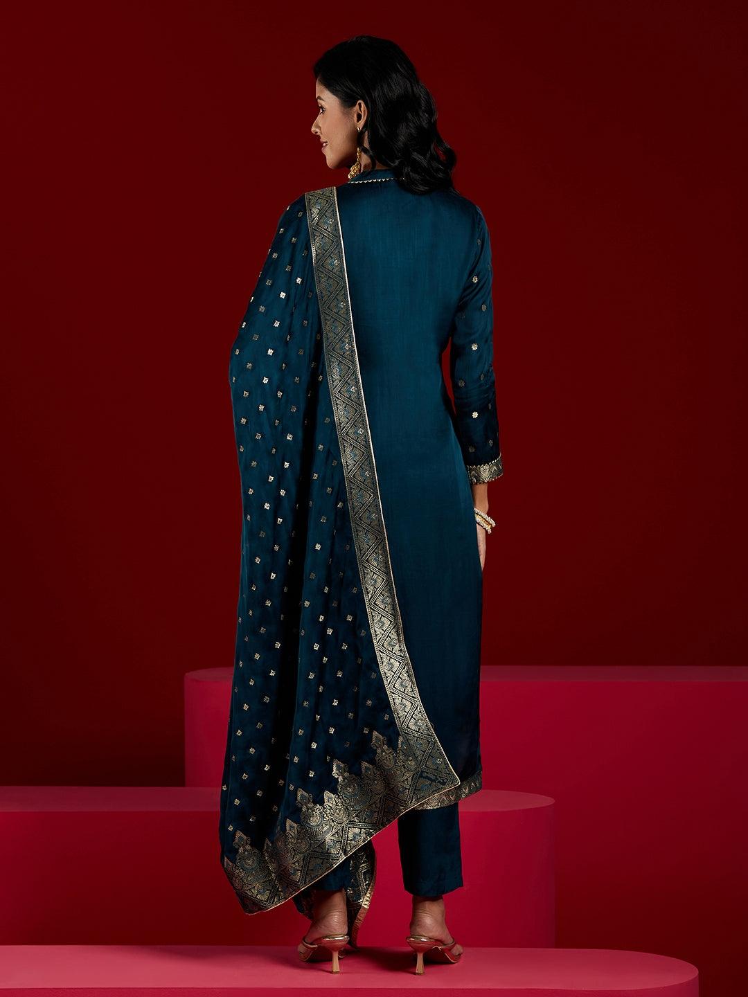 Libas Art Teal Woven Design Silk Straight Kurta With Trousers & Dupatta - ShopLibas