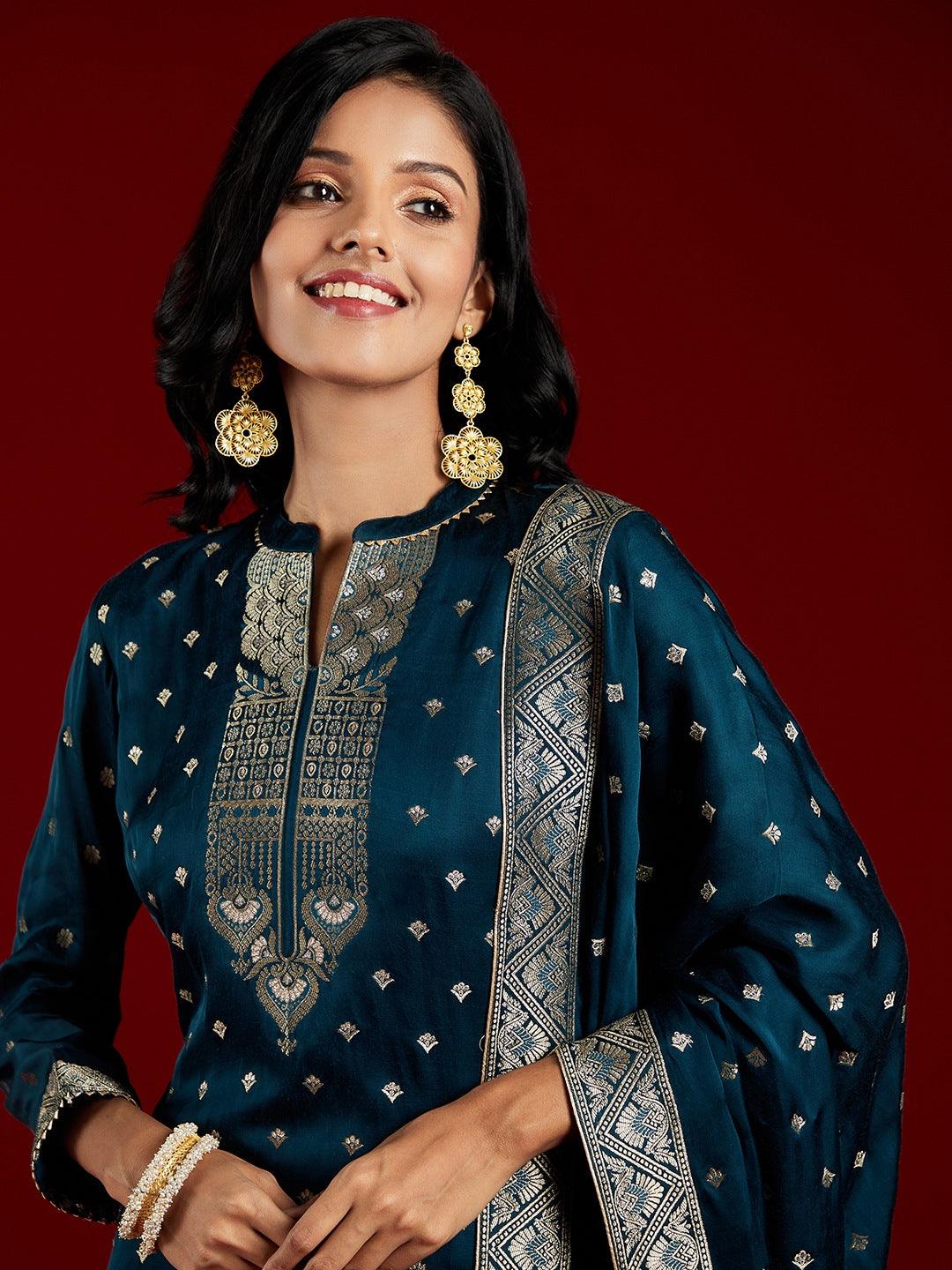 Libas Art Teal Woven Design Silk Straight Kurta With Trousers & Dupatta - ShopLibas