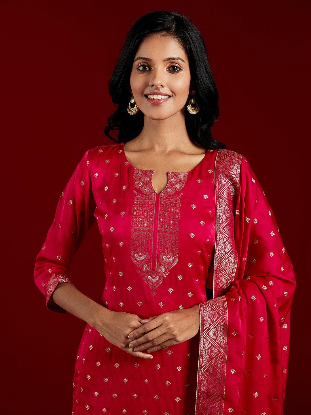 Libas Art Pink Woven Design Silk Straight Kurta With Trousers & Dupatta - ShopLibas