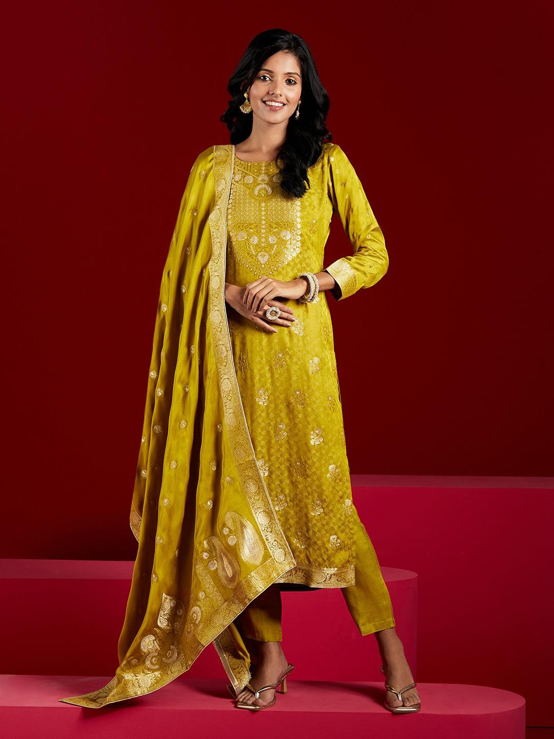 Libas Art Lime Woven Design Silk Straight Kurta With Trousers & Dupatta - ShopLibas