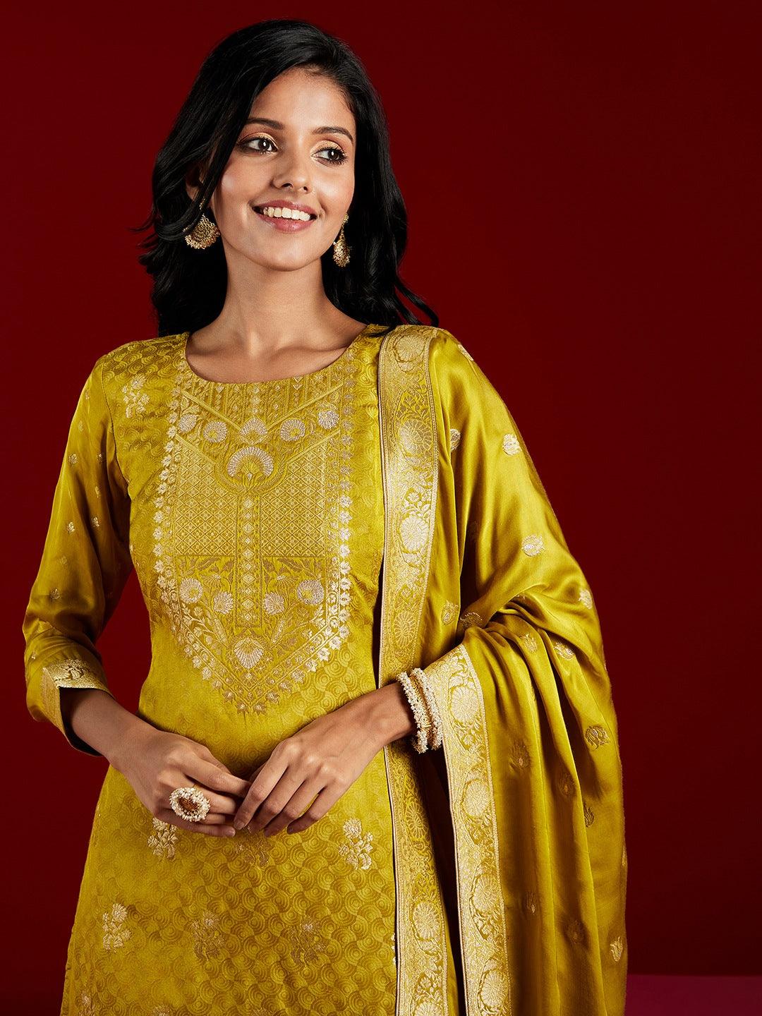 Libas Art Lime Woven Design Silk Straight Kurta With Trousers & Dupatta - ShopLibas