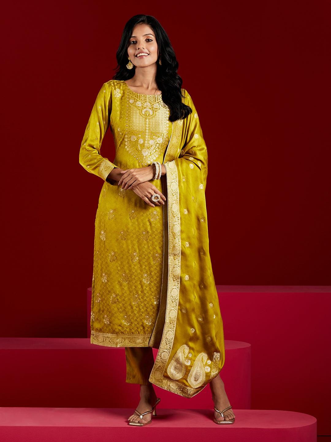 Libas Art Lime Woven Design Silk Straight Kurta With Trousers & Dupatta - ShopLibas