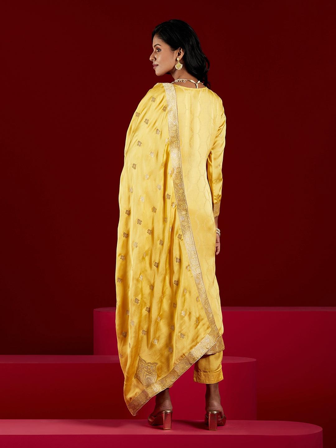 Libas Art Yellow Woven Design Silk Straight Kurta With Trousers & Dupatta - ShopLibas