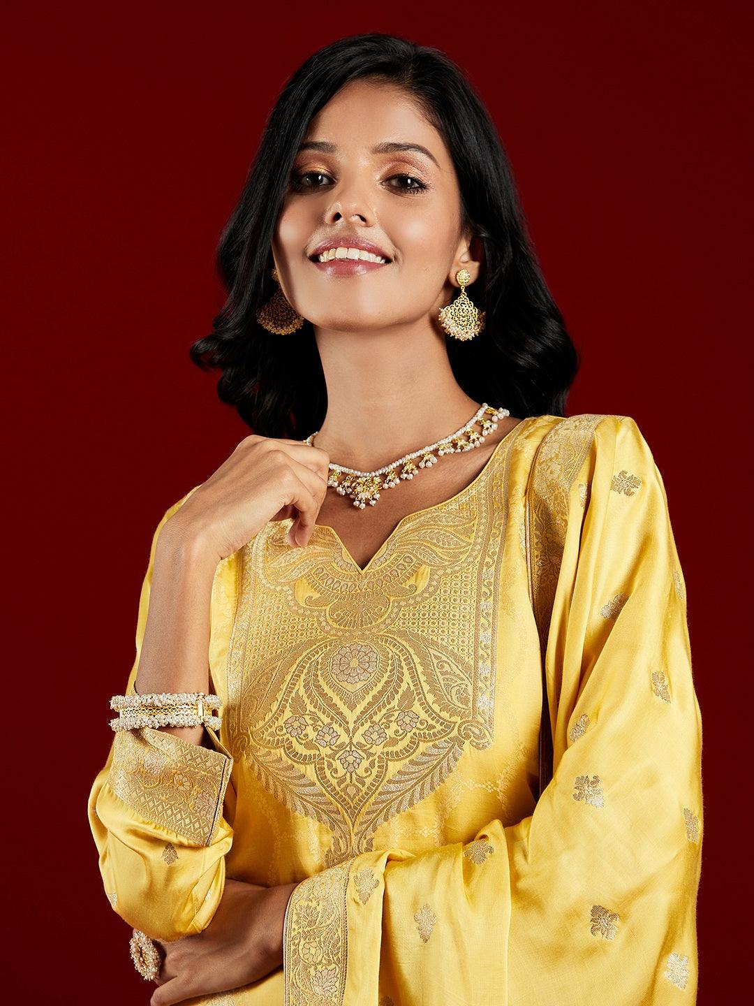 Libas Art Yellow Woven Design Silk Straight Kurta With Trousers & Dupatta - ShopLibas