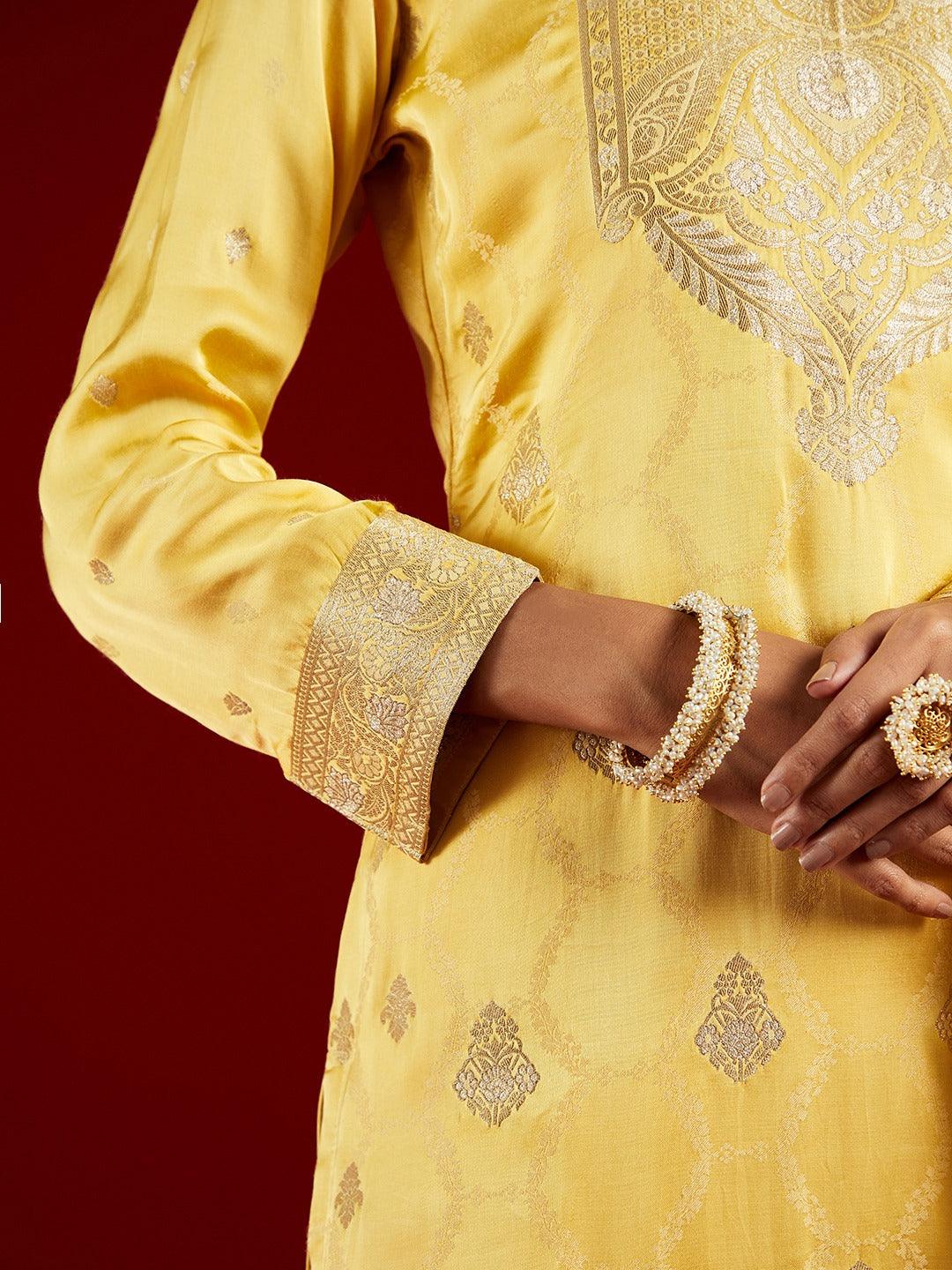 Libas Art Yellow Woven Design Silk Straight Kurta With Trousers & Dupatta - ShopLibas