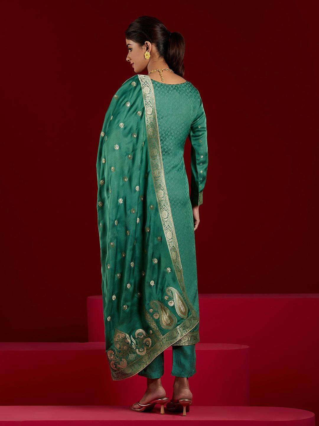 Libas Art Green Woven Design Silk Straight Kurta With Trousers & Dupatta - ShopLibas