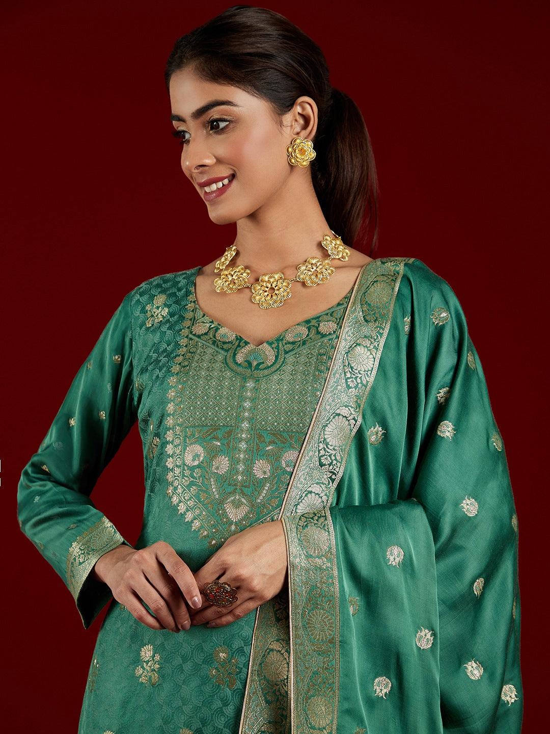 Libas Art Green Woven Design Silk Straight Kurta With Trousers & Dupatta - ShopLibas