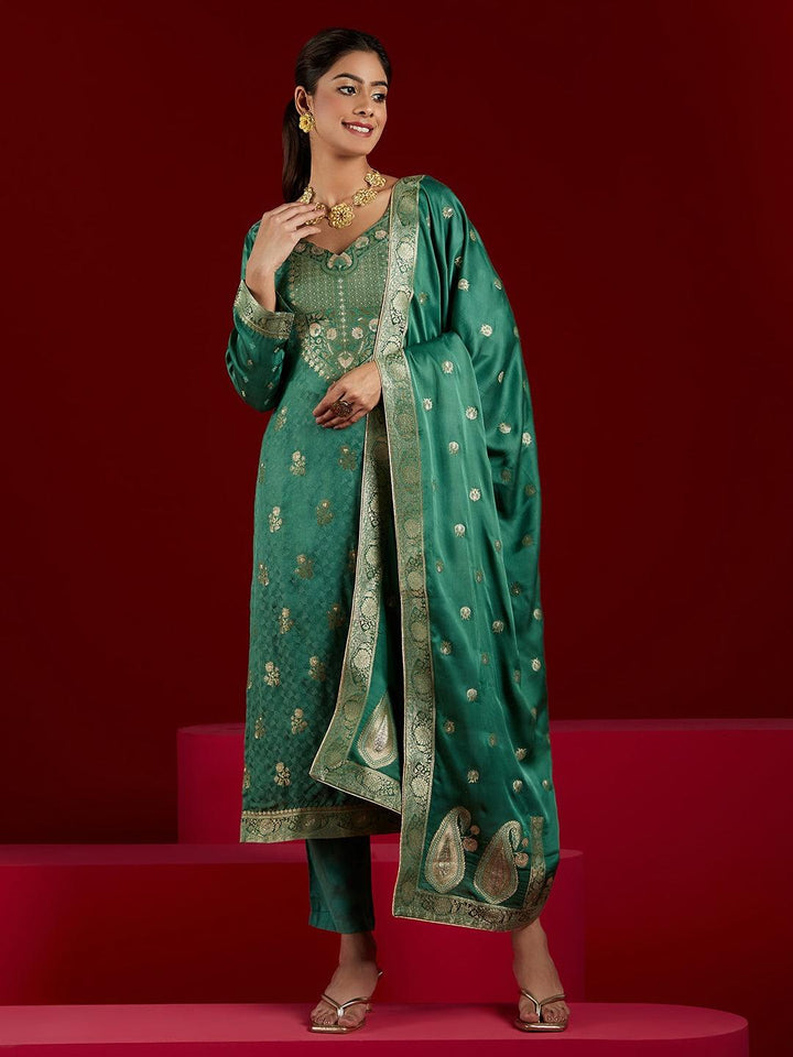 Libas Art Green Woven Design Silk Straight Suit With Dupatta
