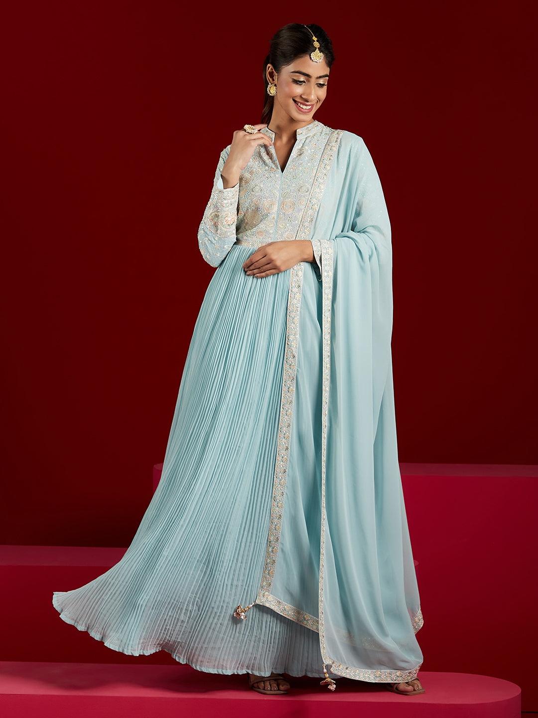 Libas Art Powder Blue Yoke Design Georgette Anarkali Kurta With Trousers & Dupatta - ShopLibas