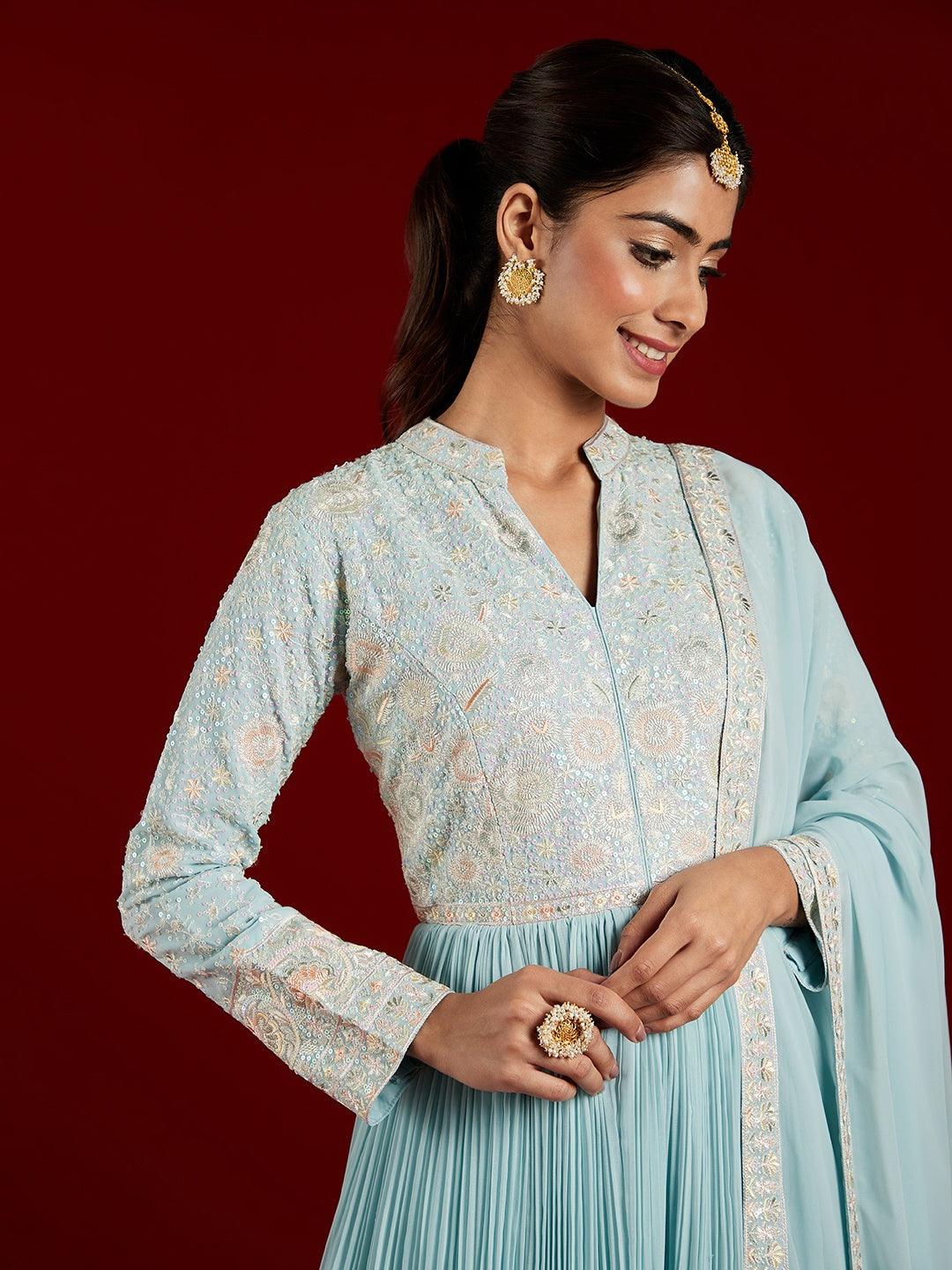 Libas Art Powder Blue Yoke Design Georgette Anarkali Kurta With Trousers & Dupatta - ShopLibas