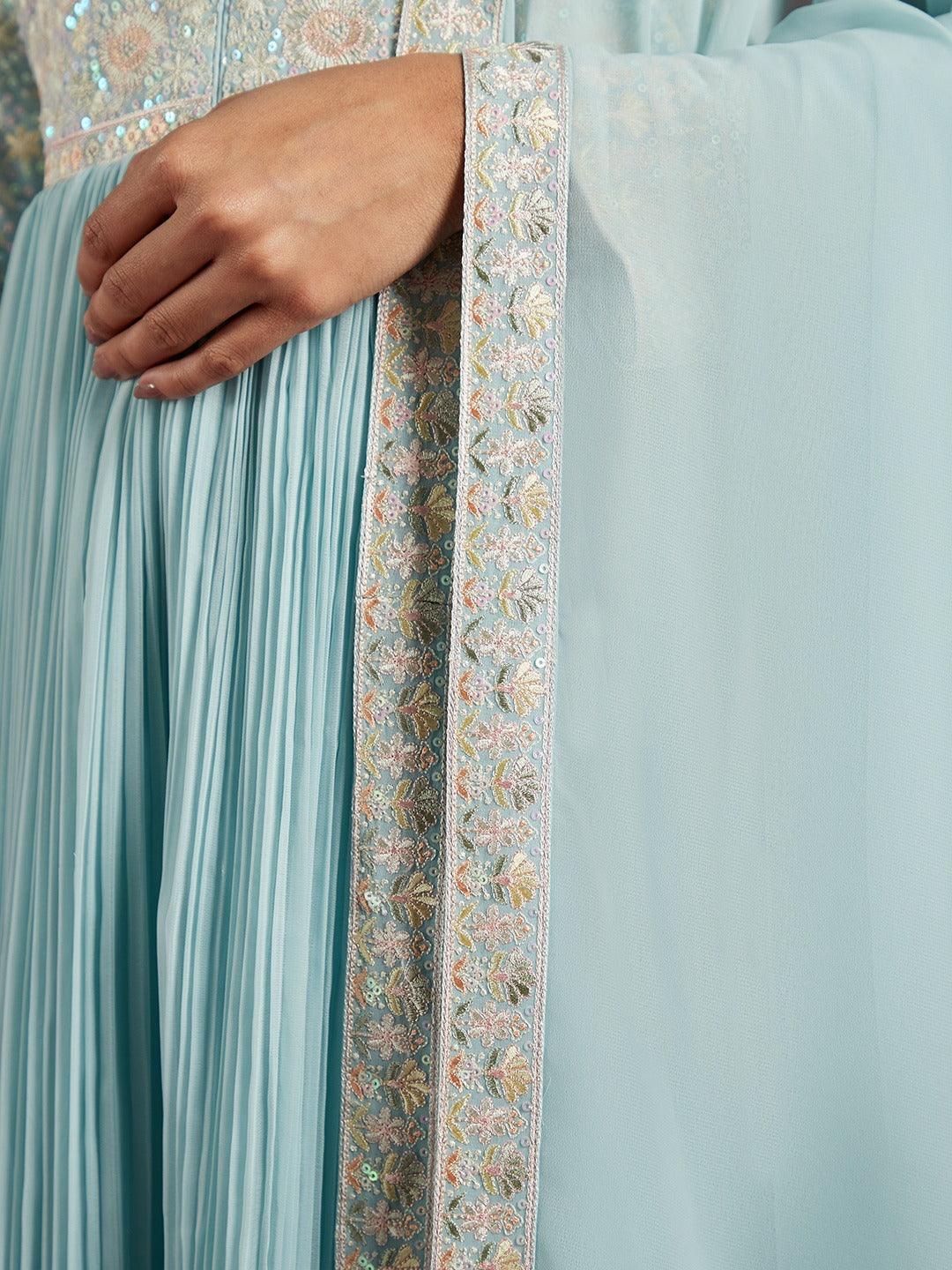 Libas Art Powder Blue Yoke Design Georgette Anarkali Kurta With Trousers & Dupatta - ShopLibas