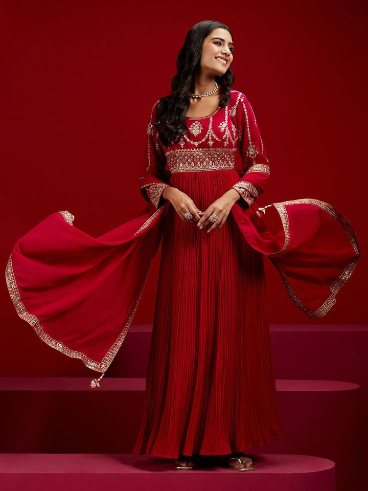 Libas Art Pink Yoke Design Georgette A-Line Kurta With Trousers & Dupatta