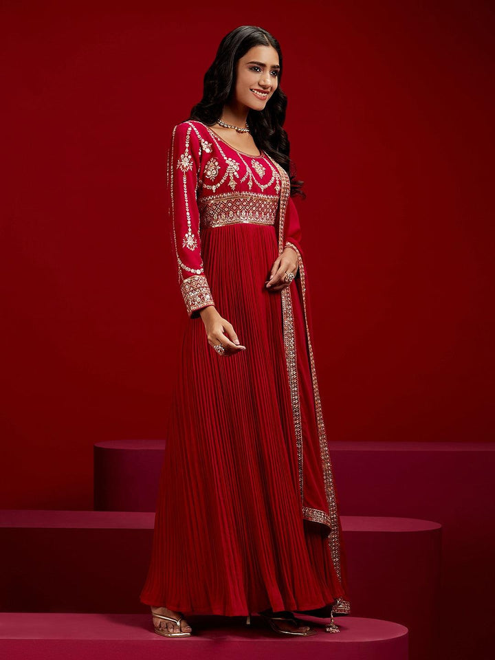 Libas Art Pink Yoke Design Georgette A-Line Kurta With Trousers & Dupatta