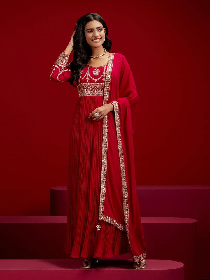 Libas Art Pink Yoke Design Georgette A-Line Kurta With Trousers & Dupatta