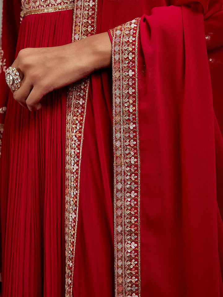 Libas Art Pink Yoke Design Georgette A-Line Kurta With Trousers & Dupatta