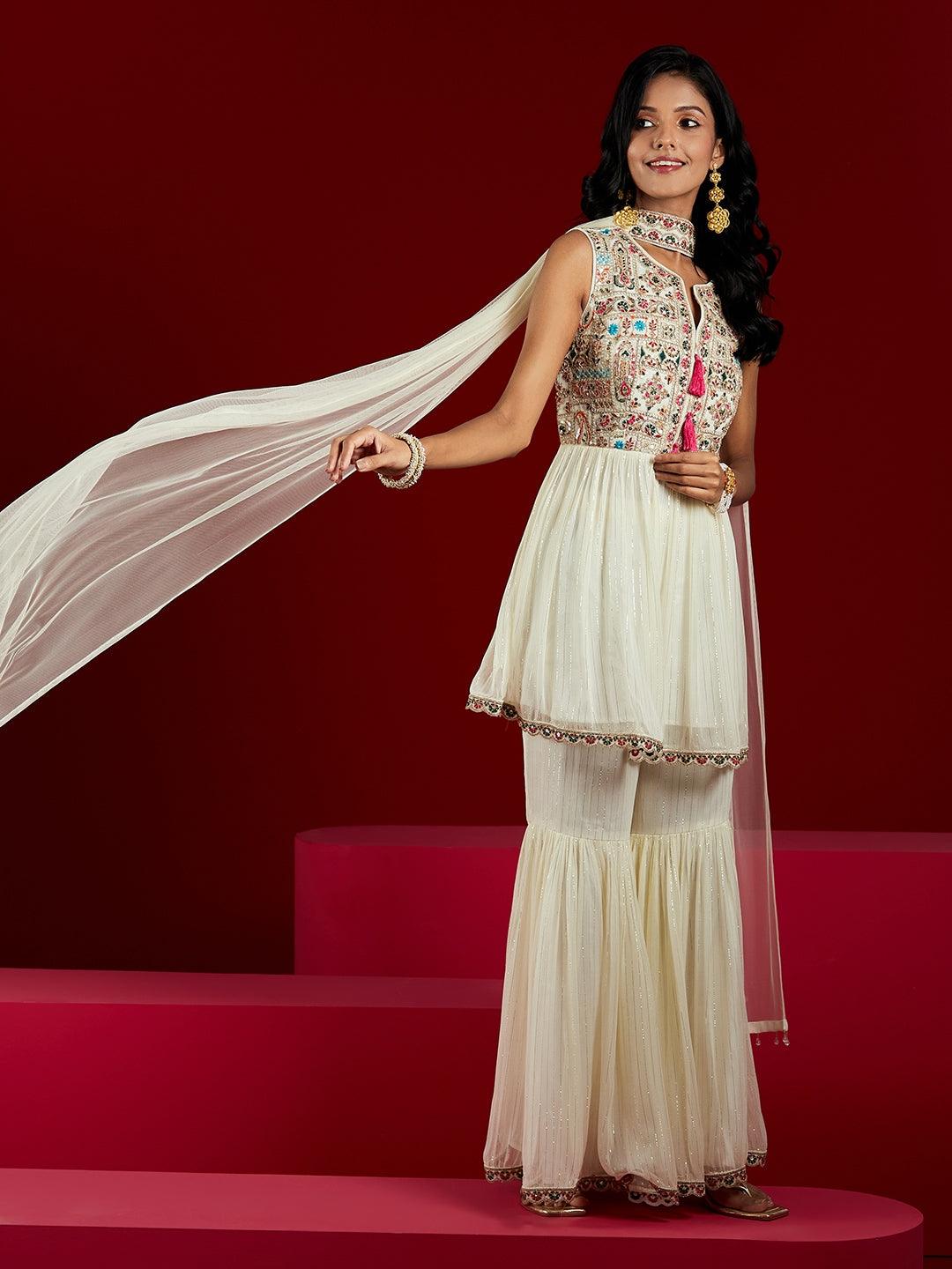 Libas Art Off White Yoke Design Silk Chiffon A-Line Kurta With Sharara & Dupatta - ShopLibas