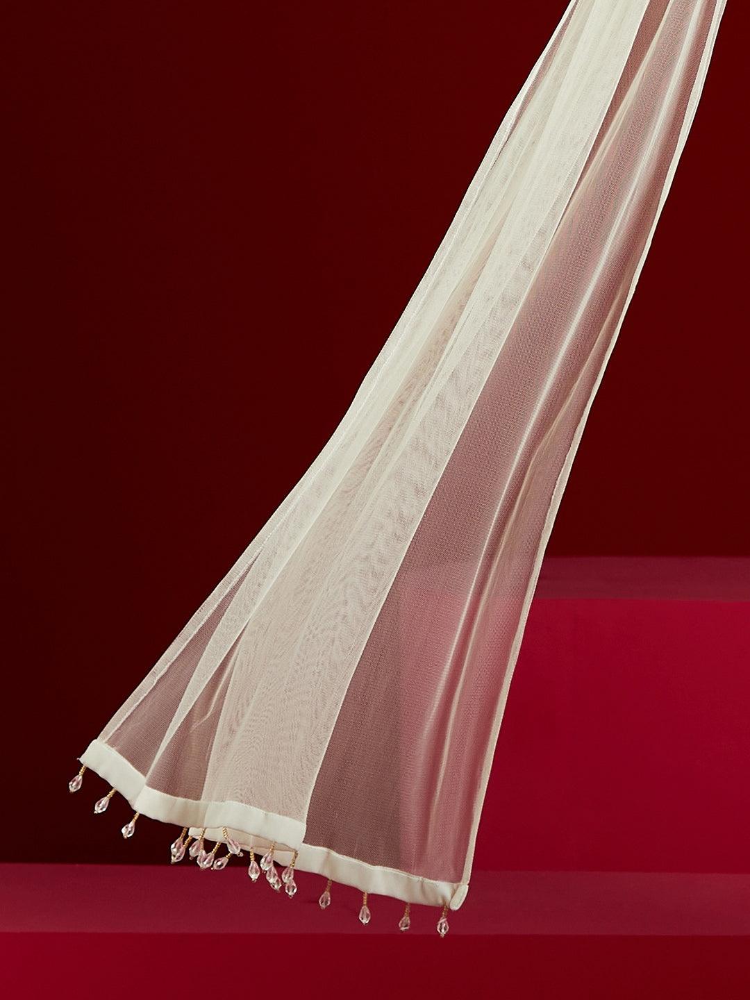 Libas Art Off White Yoke Design Silk Chiffon A-Line Kurta With Sharara & Dupatta - ShopLibas