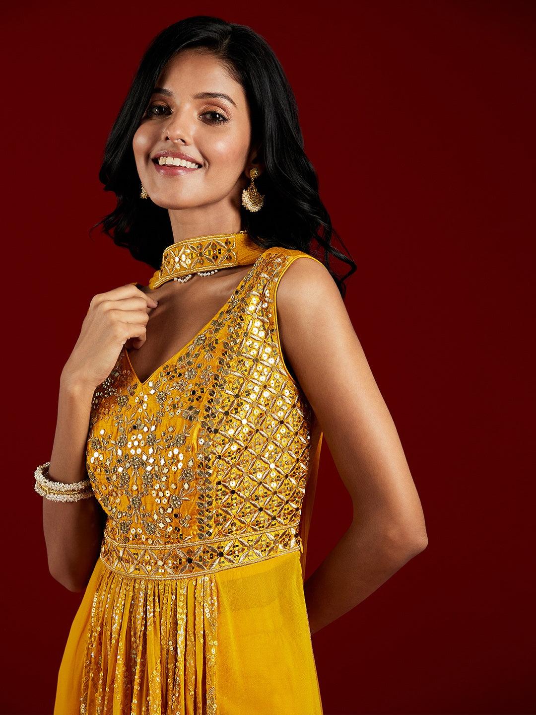 Libas Art Yellow Yoke Design Georgette Anarkali Kurta With Trousers & Dupatta - ShopLibas