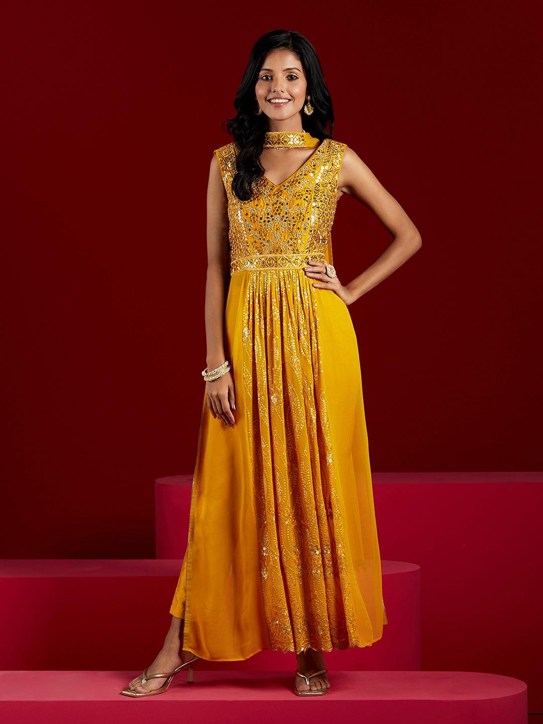 Libas Art Yellow Yoke Design Georgette Anarkali Kurta With Trousers & Dupatta - ShopLibas