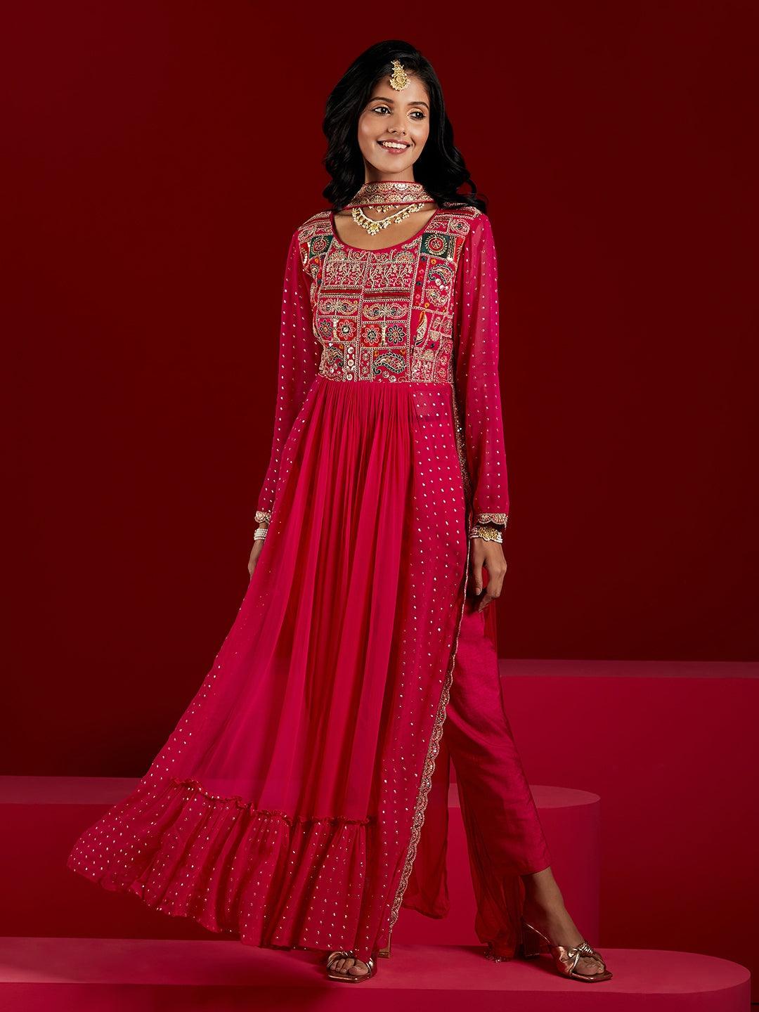 Libas Art Pink Yoke Design Georgette Anarkali Kurta With Trousers & Dupatta - ShopLibas