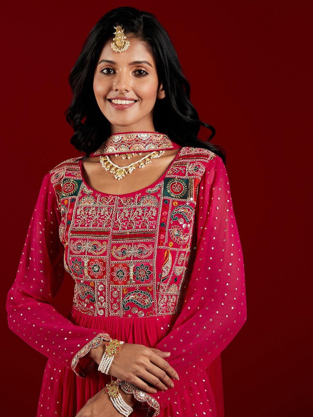 Libas Art Pink Yoke Design Georgette Anarkali Kurta With Trousers & Dupatta - ShopLibas