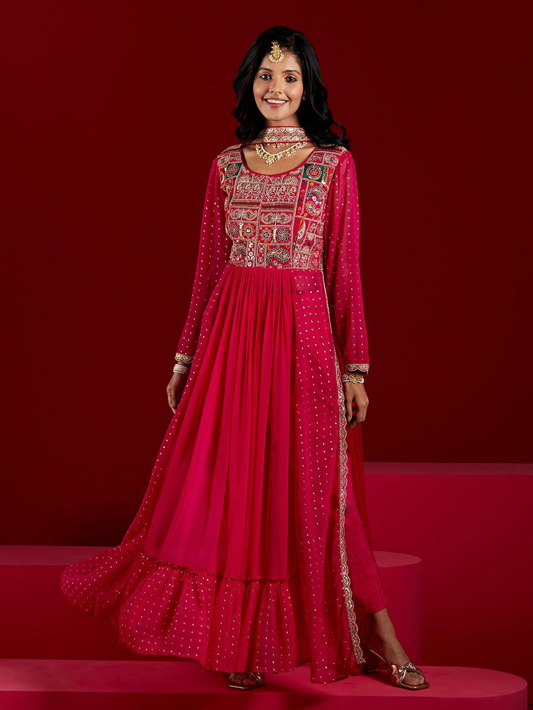 Libas Art Pink Yoke Design Georgette Anarkali Kurta With Trousers & Dupatta - ShopLibas